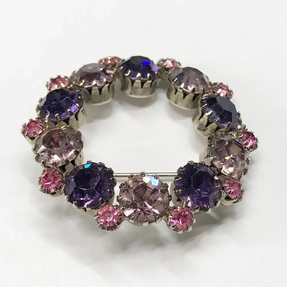 VTG Rhodium Plated Pastel Pink Purple Amethyst Brooch Rhinestones Silver Tone - Picture 11 of 12